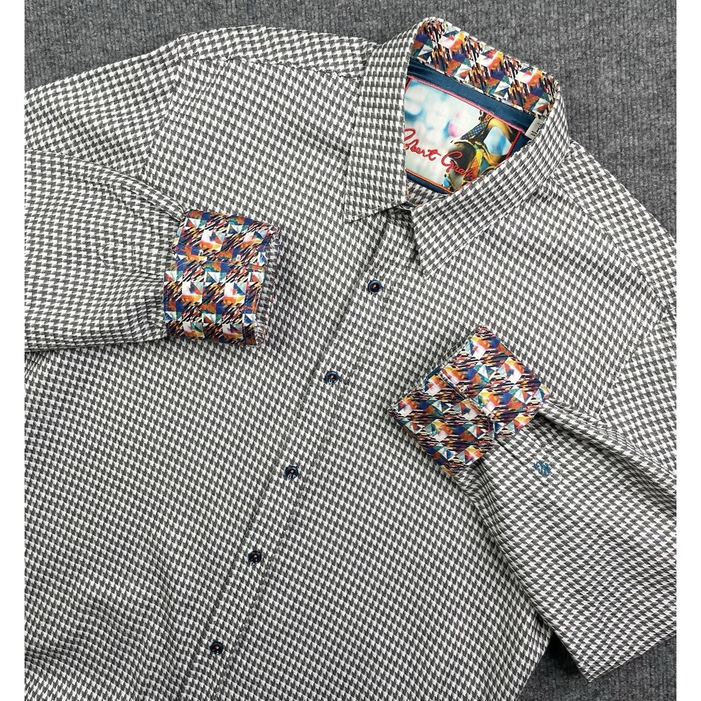 Robert‎ Graham Shirt Men's L Houndstooth Check Flip Cuff Gray Cotton